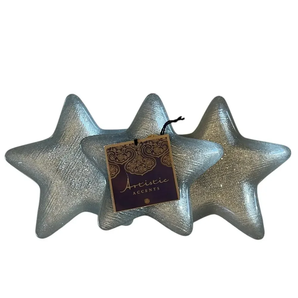 Set of 3 Handmade Turkish Art Glass STAR Appetizer Plates Silver Glitter NEW